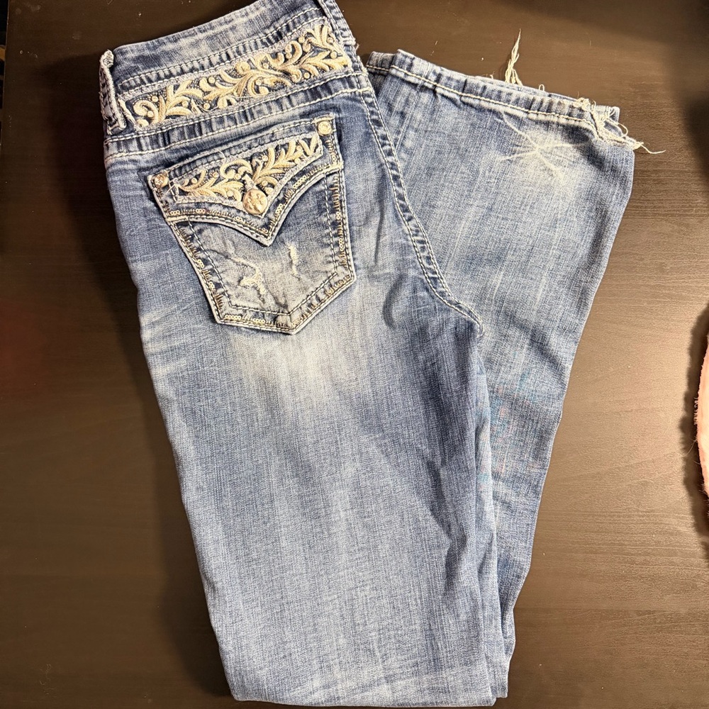 Miss Me Light Blue Embroidered Mid Rise Curvy Boot, Size 28